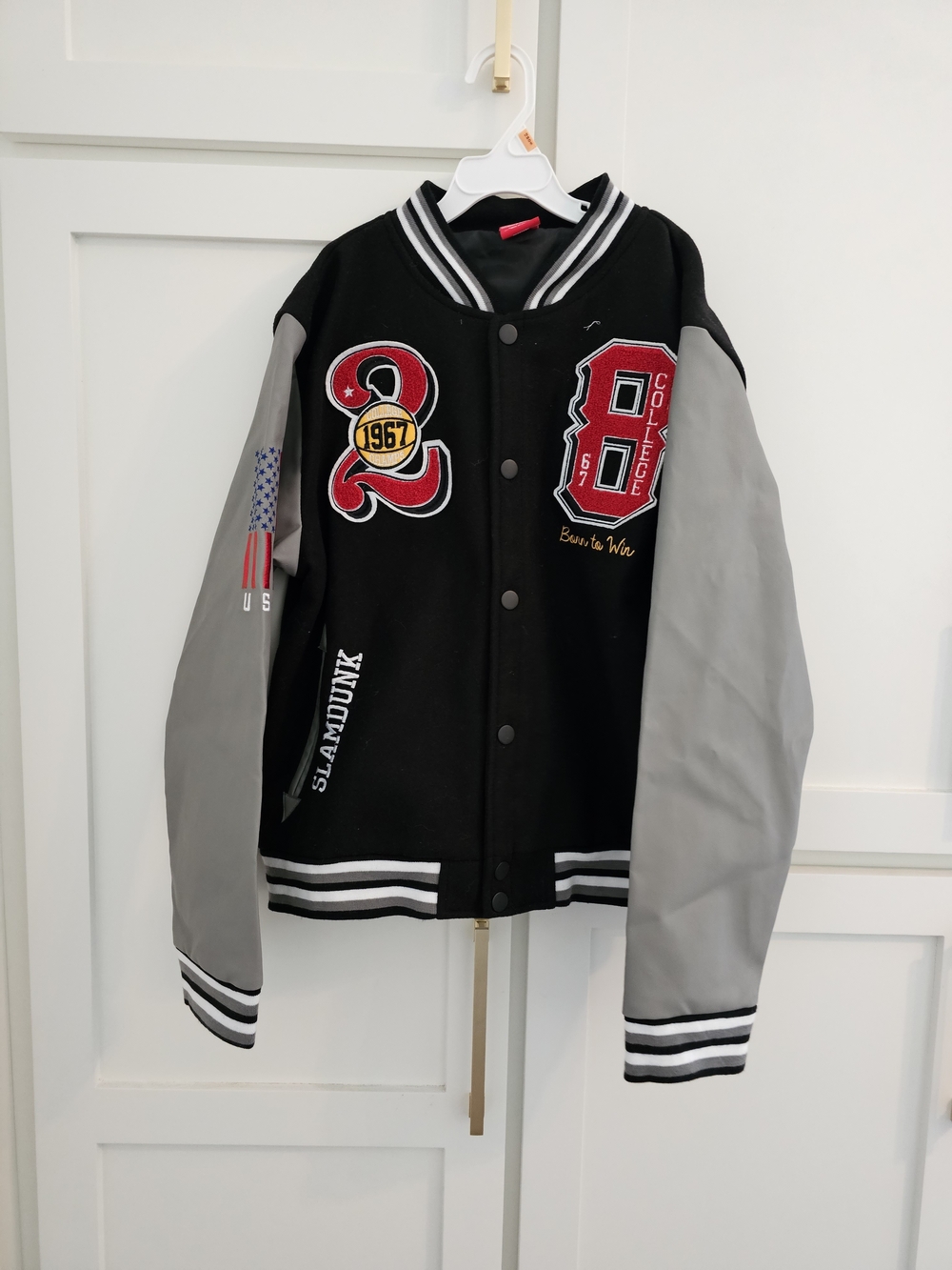 Ring of Fire Black & Gray Varsity Jacket with Red Patch Accents